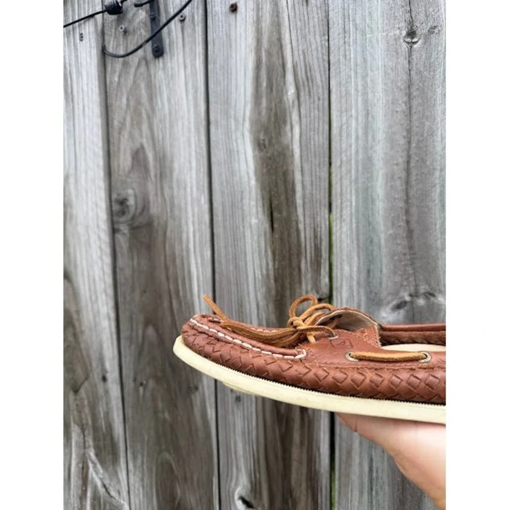 Coastal Preppy Sperry Top-Sider Boat Shoes 7.5 Brown Woven Leather Loafers
